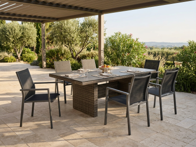 Plo&szlig; Sitzgruppe Sahara-Felino, 6 Sessel Alu und 1 Diningtisch 220x100cm