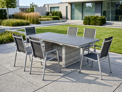Plo&szlig;-MWH Sitzgruppe Sahara-Elements, 6 Sessel Alu und 1 Diningtisch 220x100cm