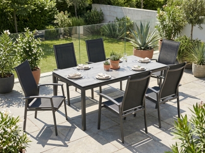 MWH Kensington Plus - Alutapo Gartenm&ouml;belset, 6 Stapelsessel und 1 Tisch 220x95cm